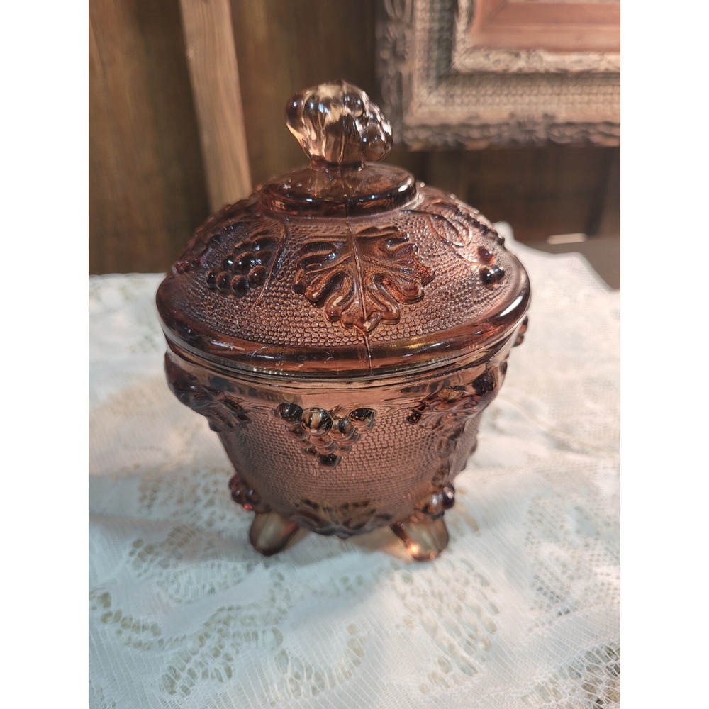 Vintage Jeanette Brown/Amber Lidded Glass Candy Dish Grape Vine